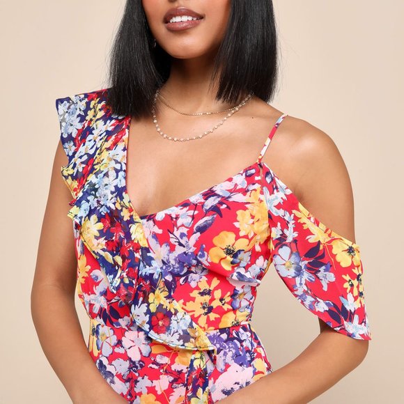 NWT Lulus “Radiant Ruby Red Floral Print” Chiffon Maxi Dress - Picture 4 of 8